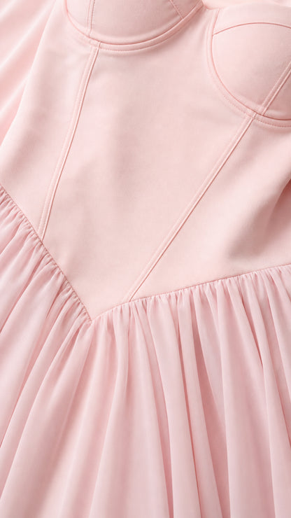 Close-up detail of structured bustier bodice and V-waistline