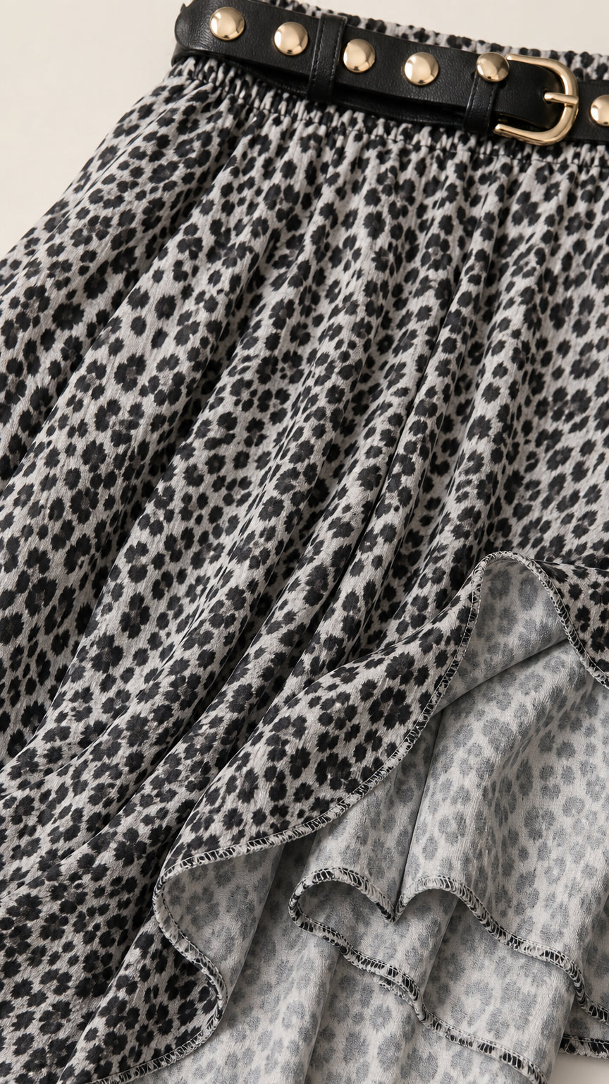 Close-up of leopard print fabric and studded belt detail