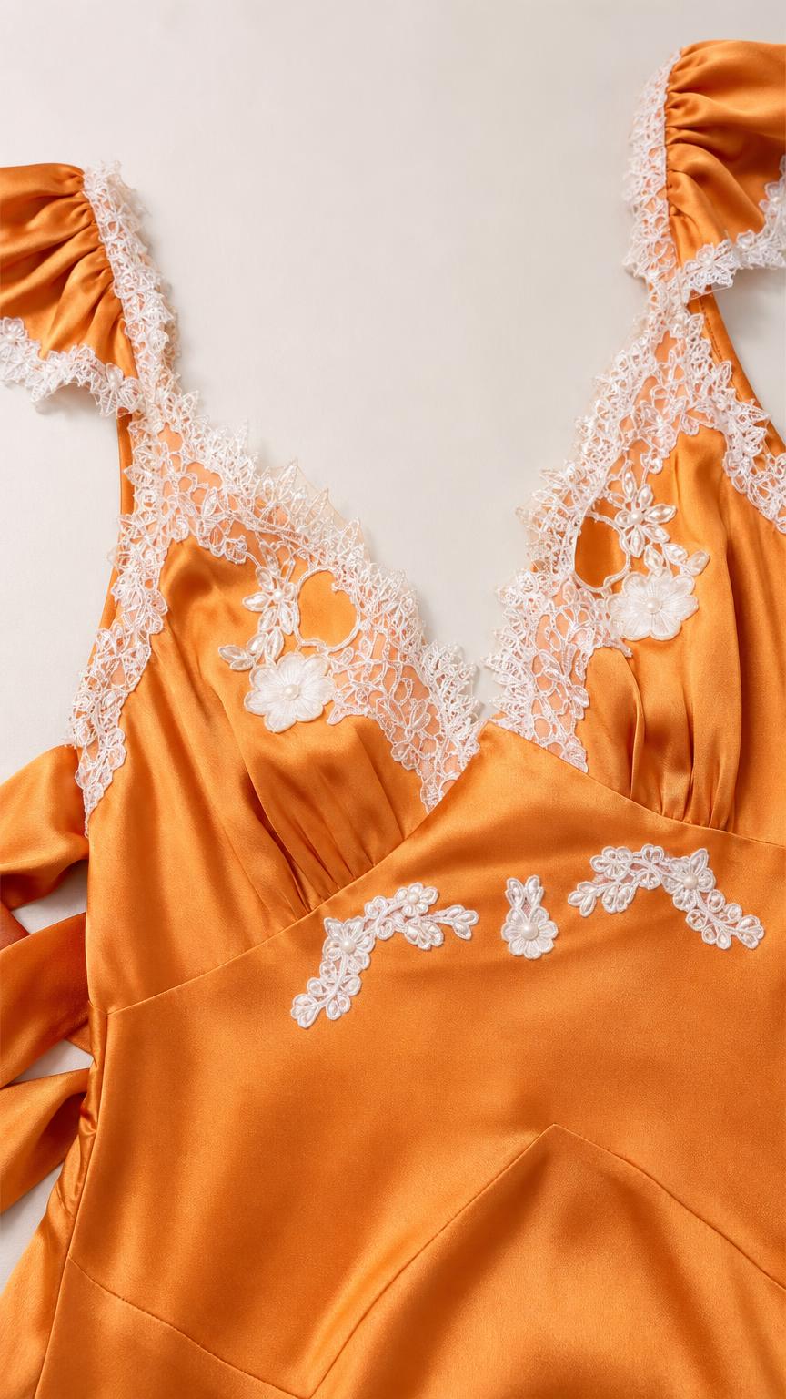 Close-up of lace trim and ruffle straps on orange bodice