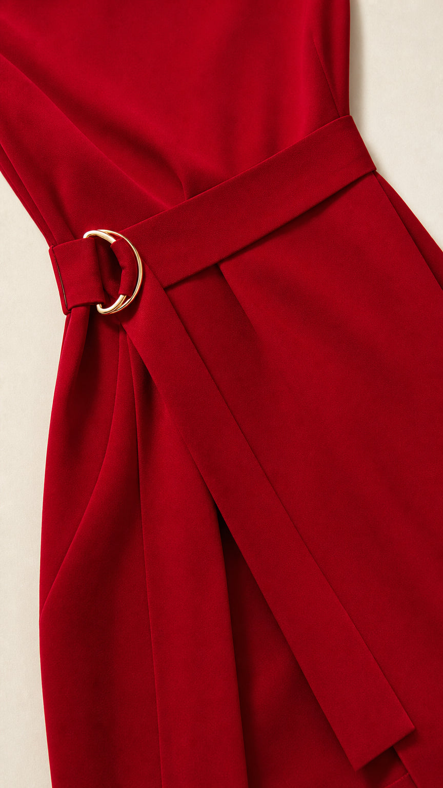 Close up of gold o-ring belt detail on red dress