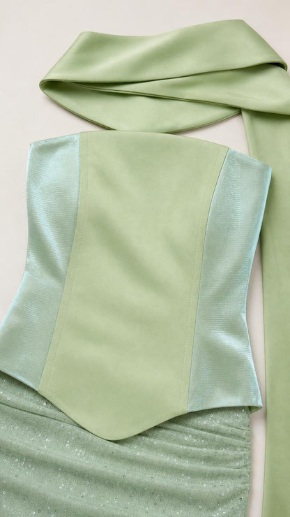 Close-up of sage satin bodice and matching scarf fabric