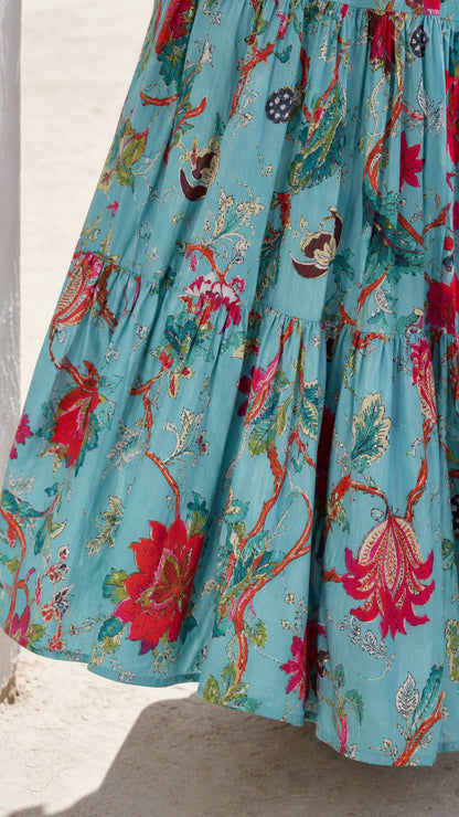 Close-up detail of the botanical floral print on turquoise fabric