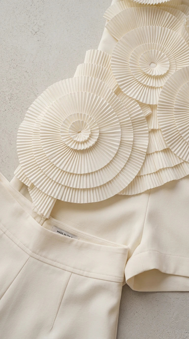 Close-up of fabric and pleated rosette detail on white romper