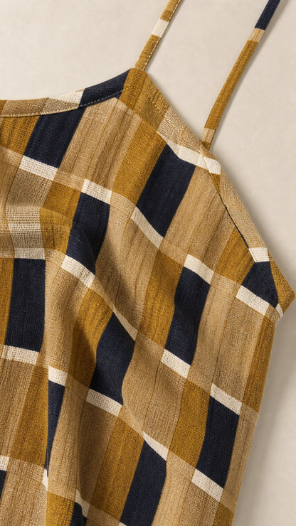 Close-up detail of textured woven geometric check fabric and thin cami strap