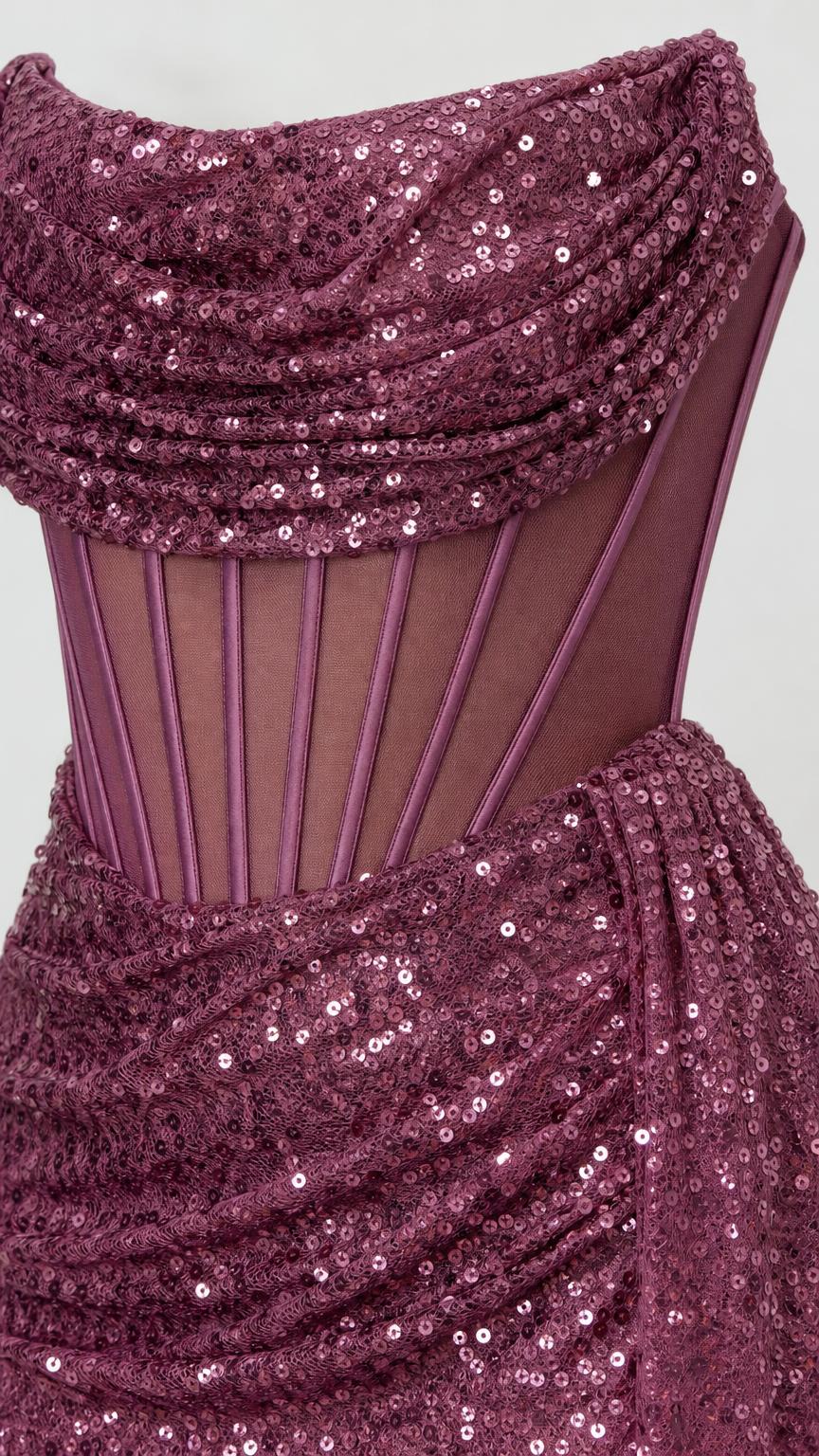 Close-up detail of draped bodice and boned corset structure