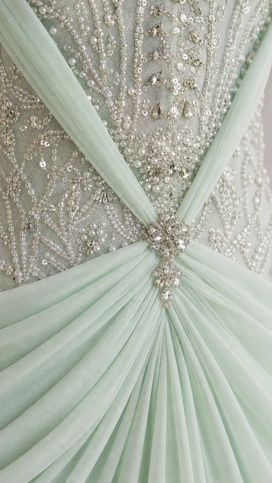 Close-up detail of beaded sequin bodice, crystal brooch, and mint chiffon pleats