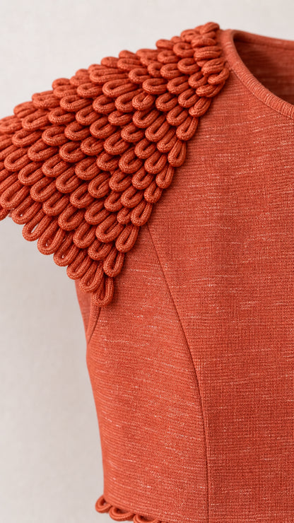 Close-up detail of textured loop shoulder embellishment on rust top