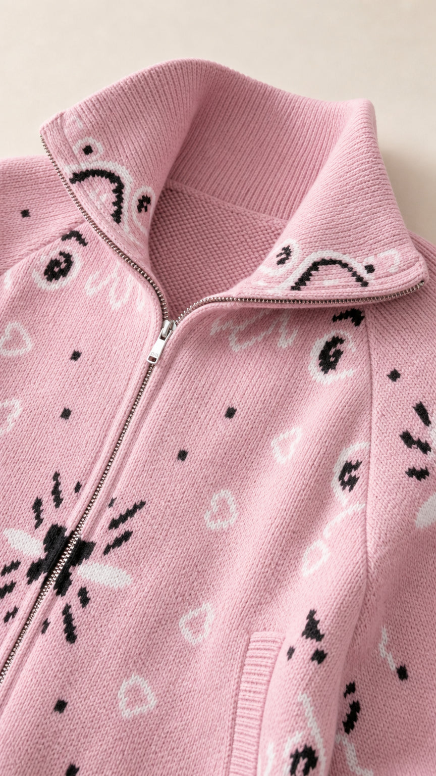 Close-up detail of pink knit collar, ribbed texture, and metal zipper closure
