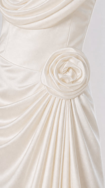 Close-up of 3D rose appliqué and satin ruching detail