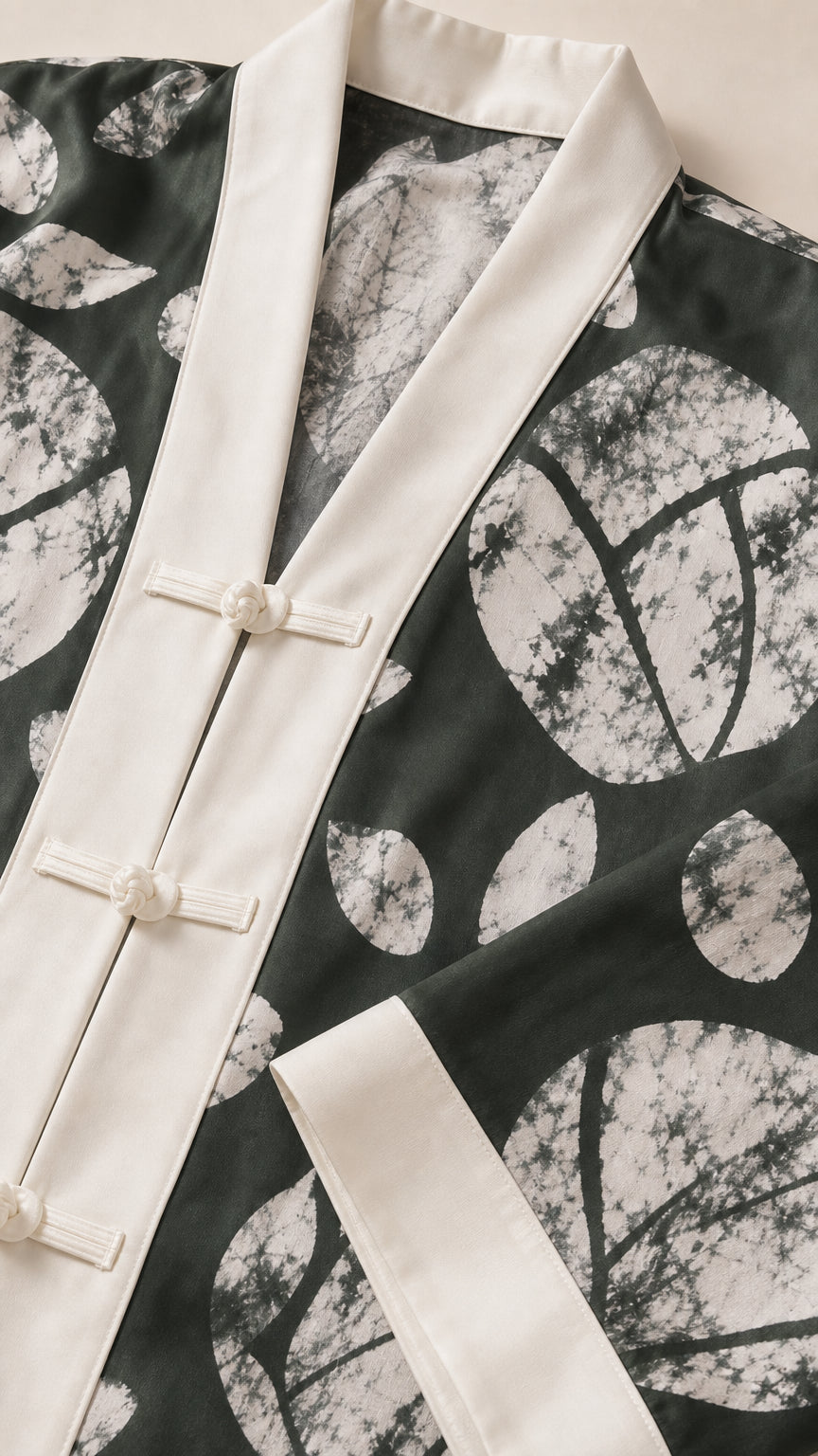 Close-up of Mandarin collar and knot buttons on the lounge top