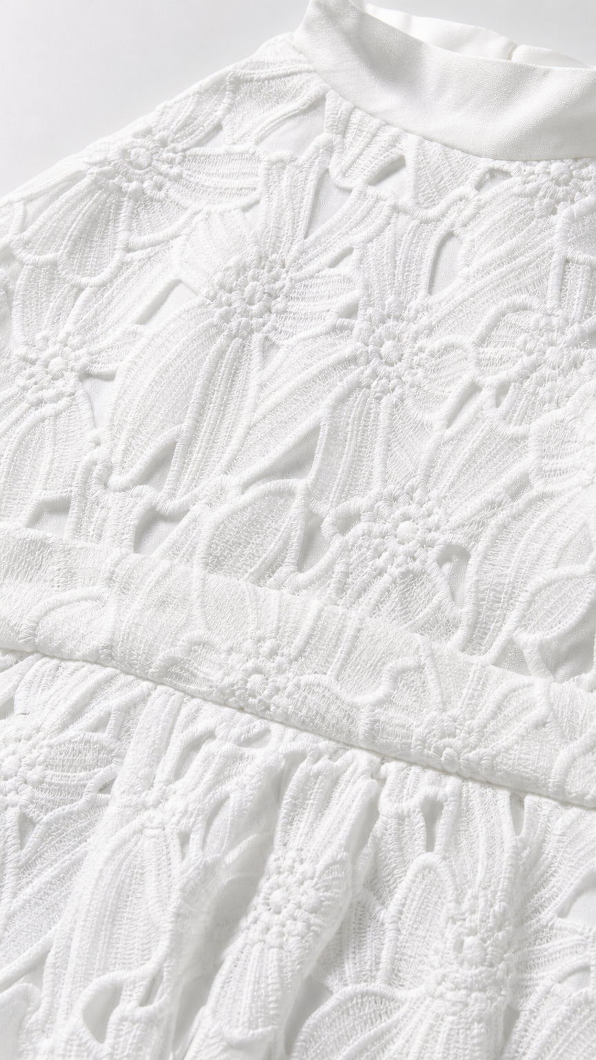 Close-up detail of white floral lace pattern and fabric texture