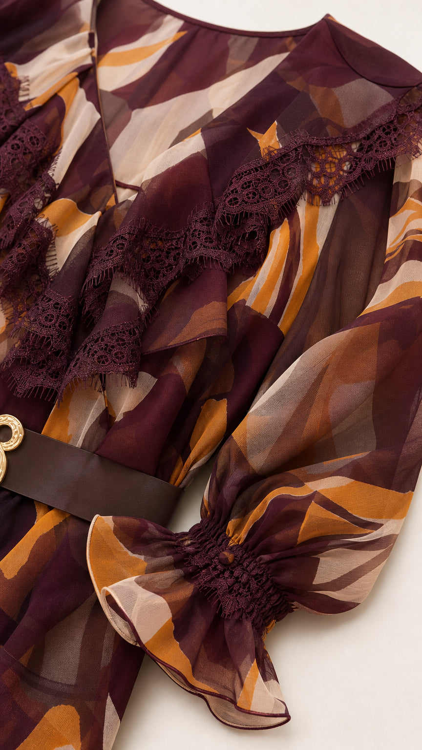 Close-up detail of burgundy dress showing lace V-neckline, belted waist, and smocked cuff