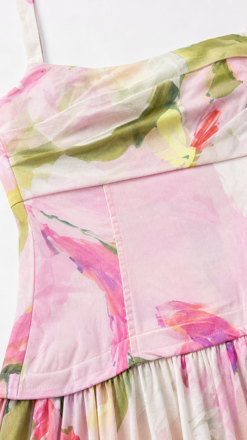 Close-up detail of bodice and fabric print