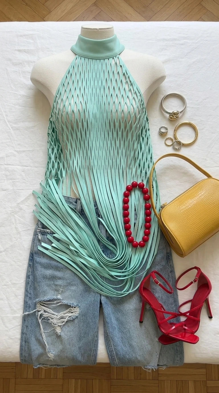 Flat lay of light blue halter fringe top with accessories and heels