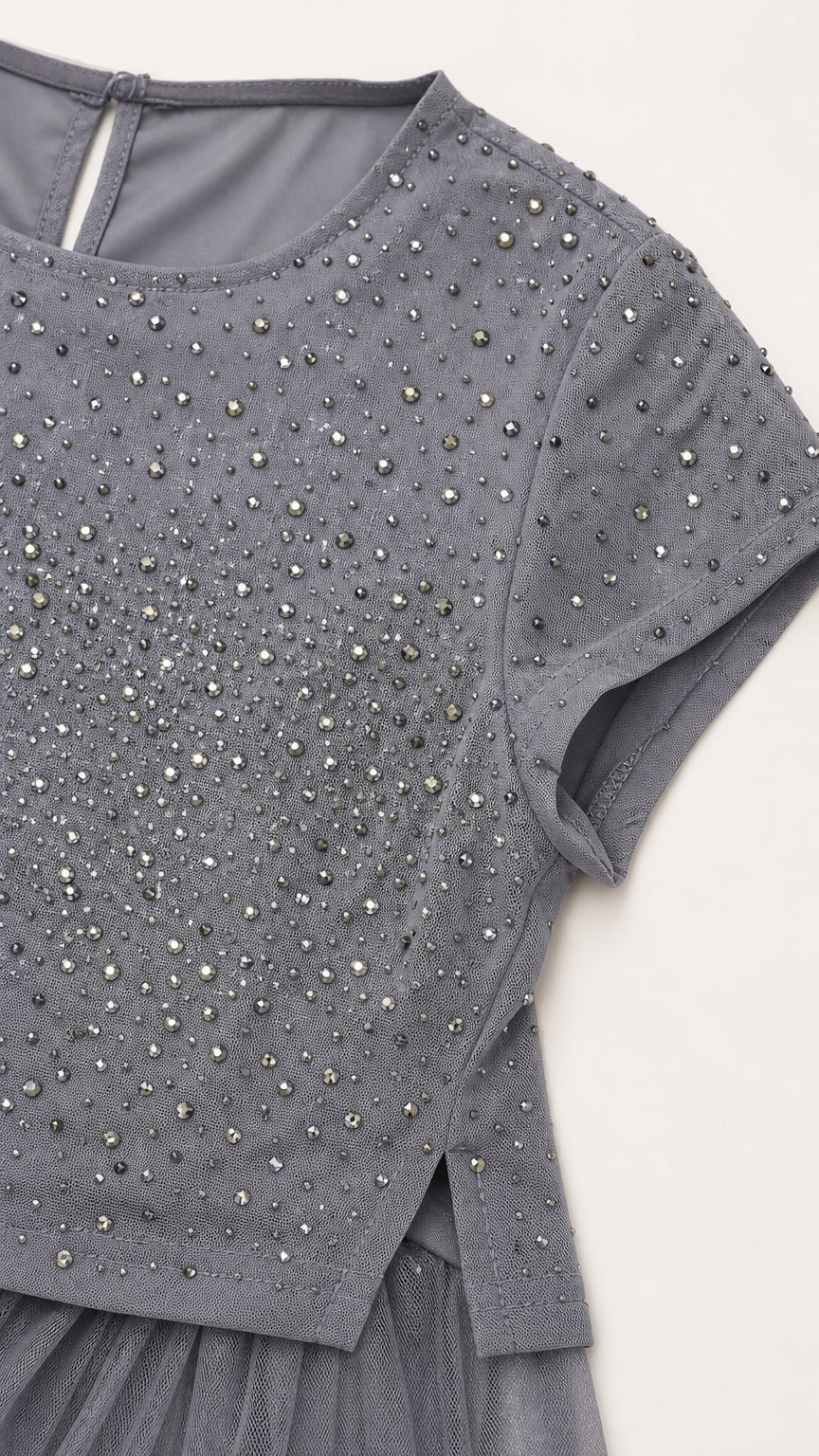 Close-up detail of the grey beaded bodice and short sleeves