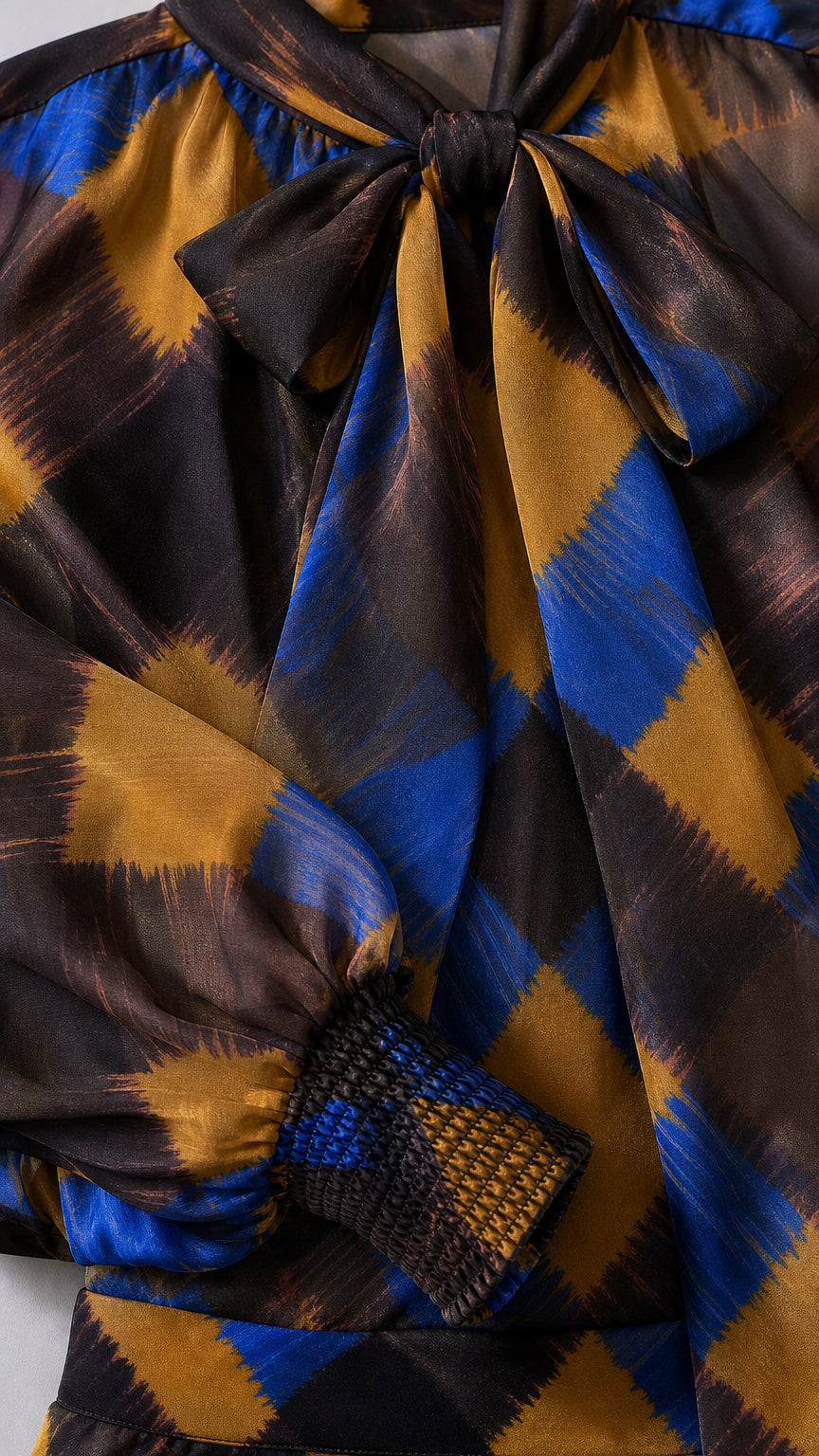 Close-up detail of self-tie bow neck and textured sleeve cuffs