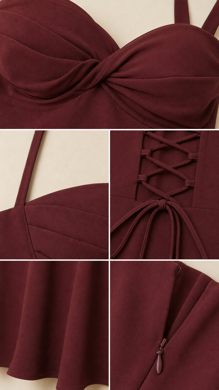 Close-up details of bodice, twisted bust, lace-up back, and hem