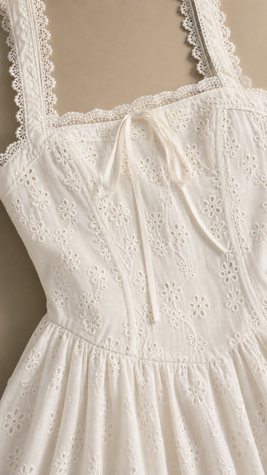 Close-up detail of lace trim and eyelet embroidery on white dress