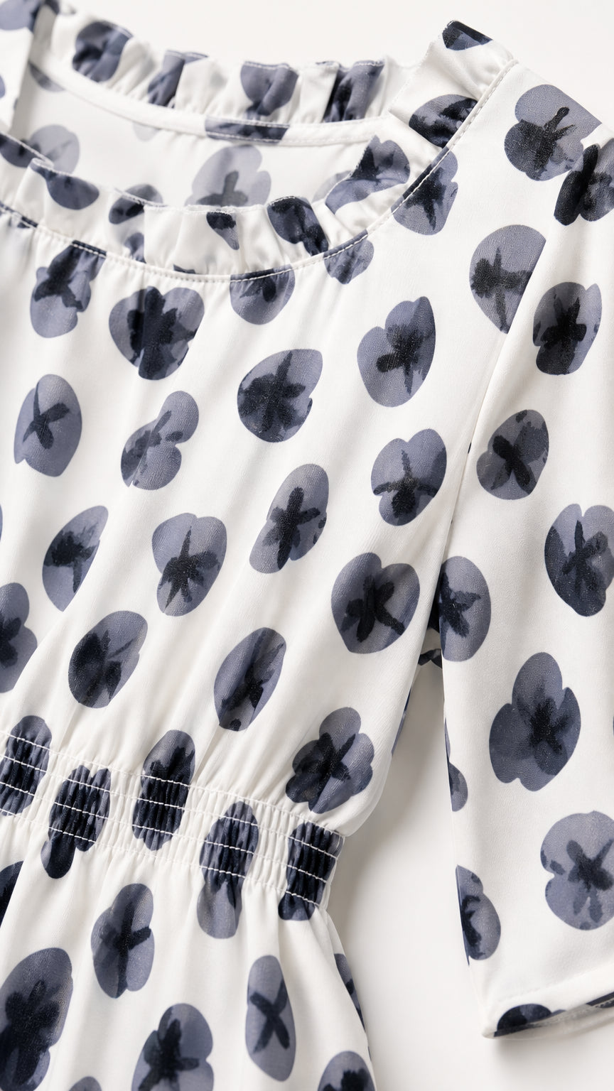 Close-up detail of ruffle neckline and smocked waist on floral printed fabric