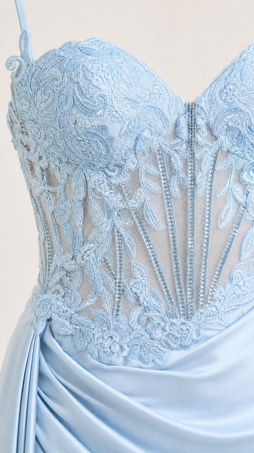 Close-up detail of sheer embroidered lace corset bodice