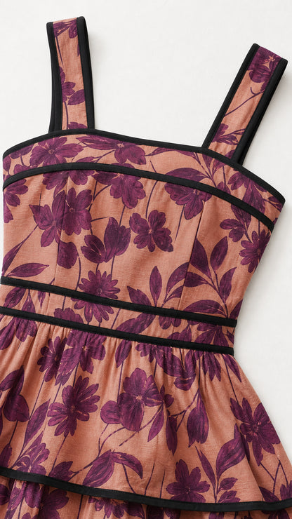 Close-up of square neckline and floral fabric pattern with contrast piping
