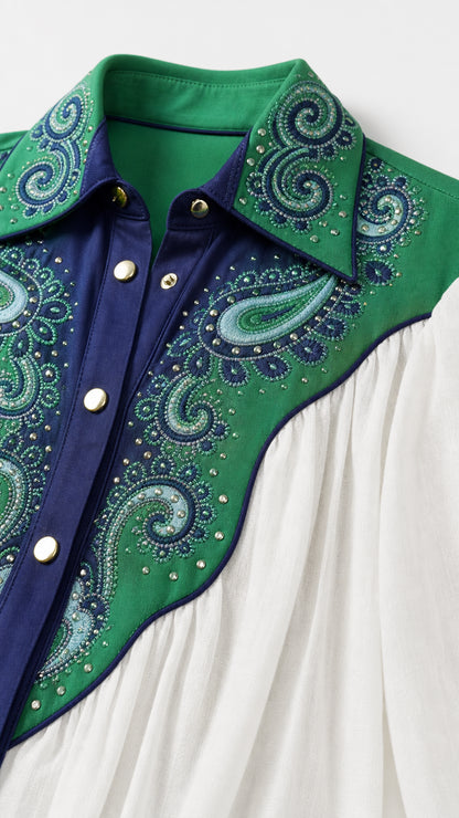 Close-up of intricate paisley embroidery and collar detail