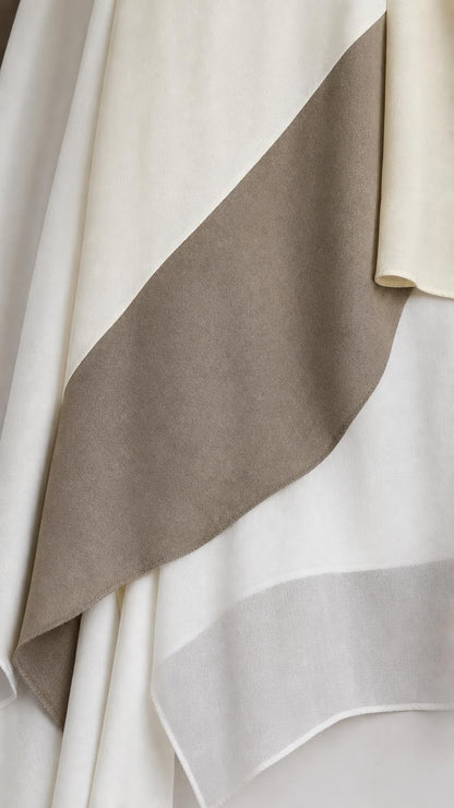 Close-up of fabric texture and color-blocked layers on White dress