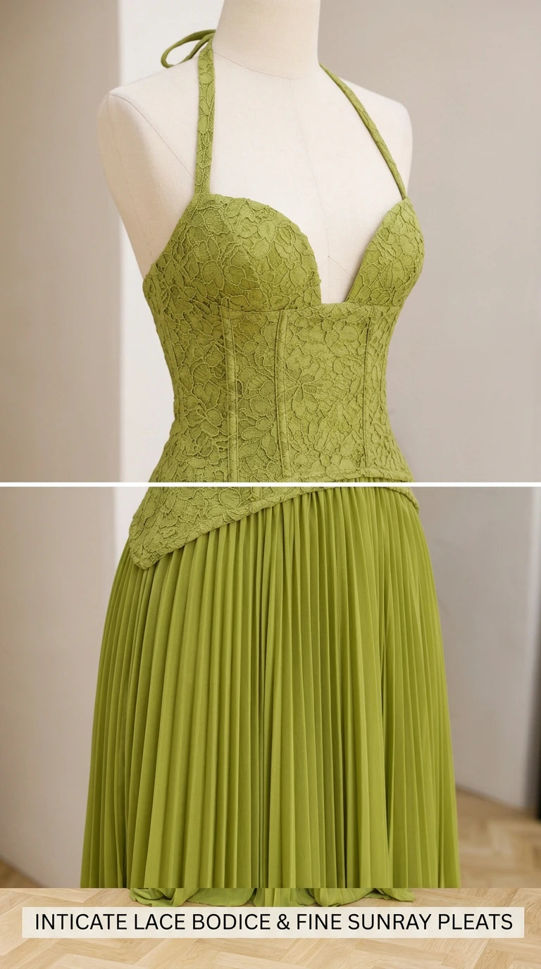 Close up of lace bodice and pleated transition details