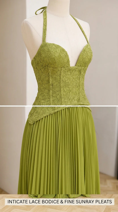 Close up of lace bodice and pleated transition details