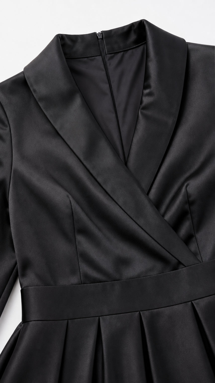 Close-up detail of bodice and lapel on black satin dress