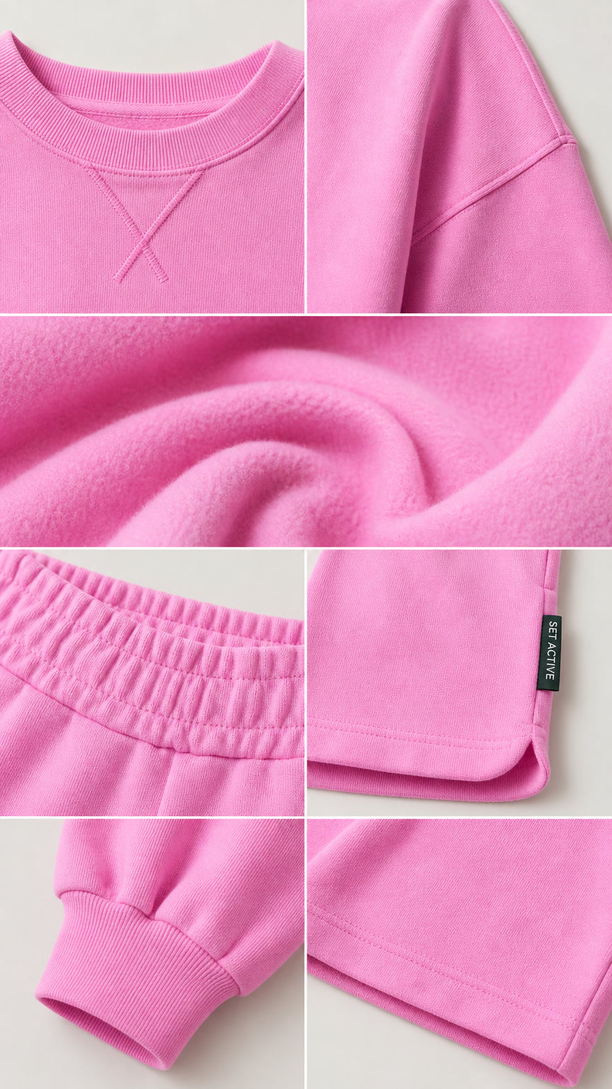 Close up details of pink sweatshirt collar, fabric texture, and shorts waistband
