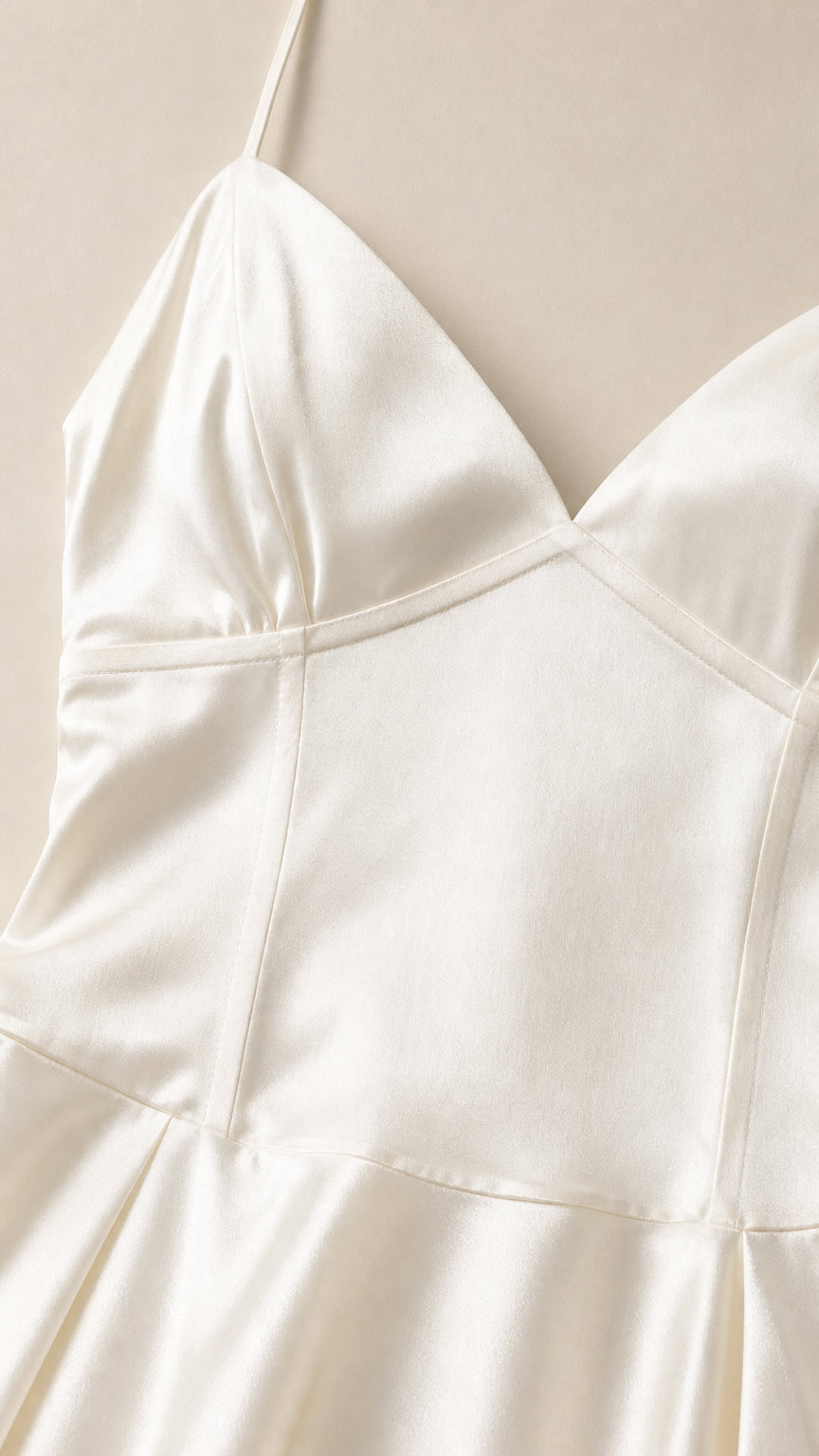 Close-up detail of Ivory satin sweetheart corset bodice seam construction