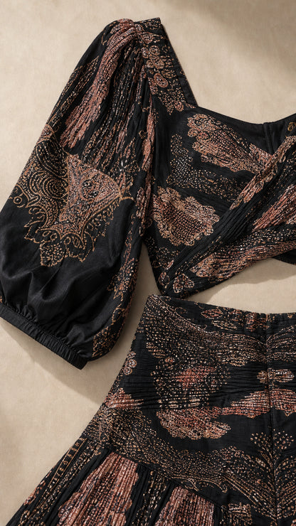 Close-up detail of the puff sleeve, sweetheart neckline, and patterned fabric