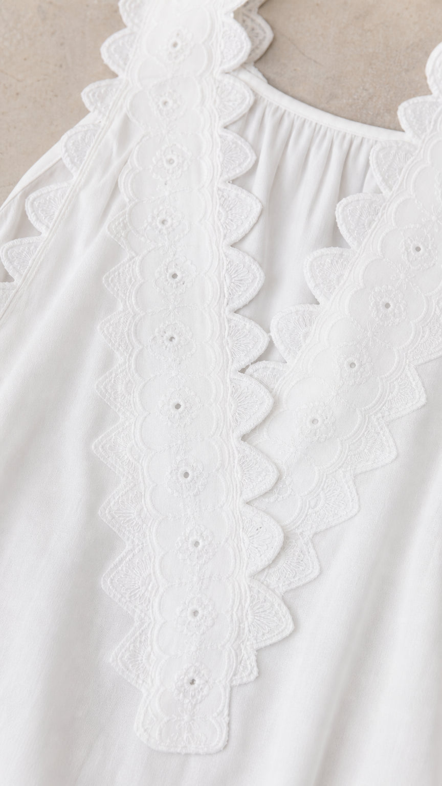 Close up of white scalloped embroidery on neckline