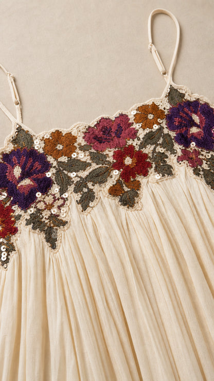 Close-up detail of multicolored floral embroidery on bodice