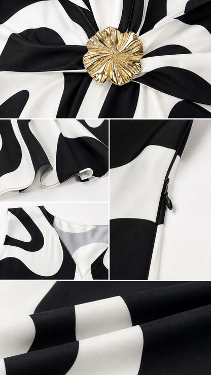 Close-up details of metallic buckle, fabric texture, and side zipper