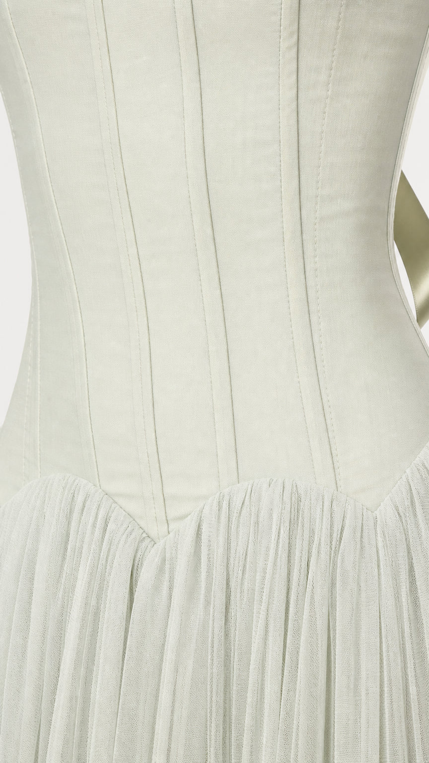 Close-up detail of structured vertical seams on the corset bodice