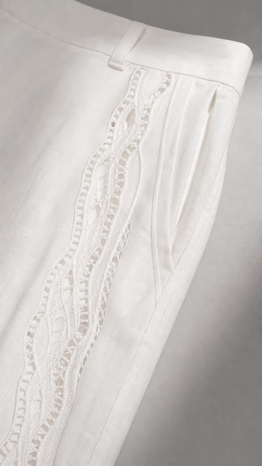 Close-up detail of white fabric and vertical side lace trim