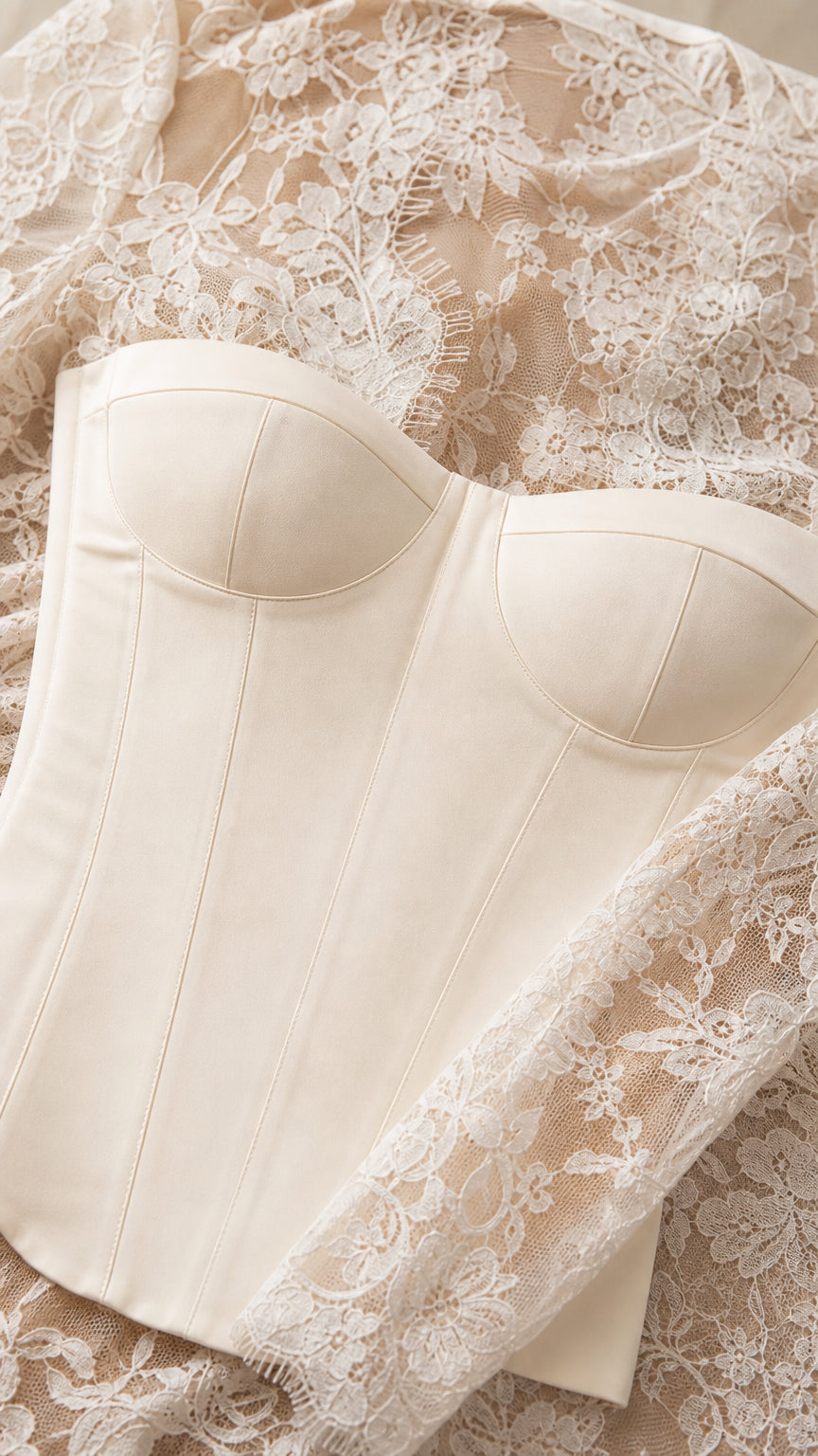 Close-up detail of structured white corset bodice and floral lace
