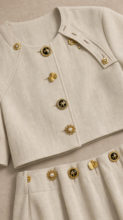Close-up detail of gold-toned decorative buttons and textured fabric on beige set