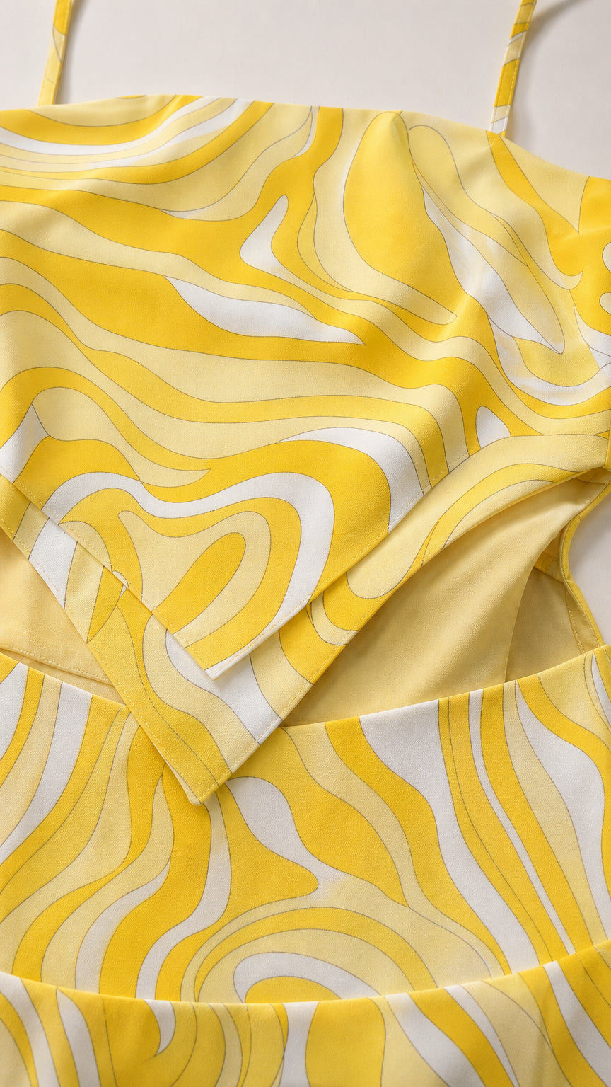 Close-up detail of the textured fabric, neckline, and cutout