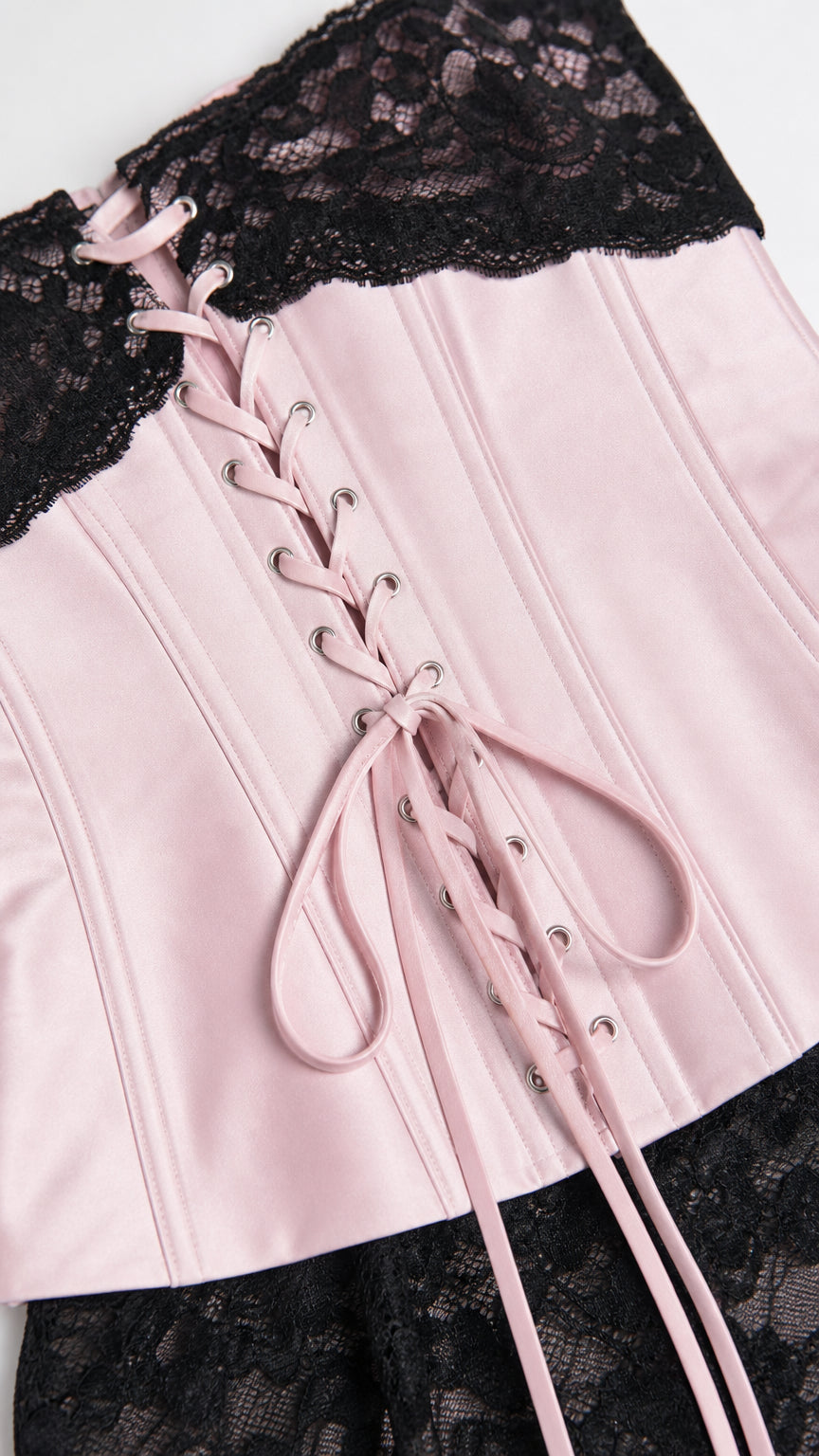 Close-up of pink satin corset bodice with black lace trim and lacing