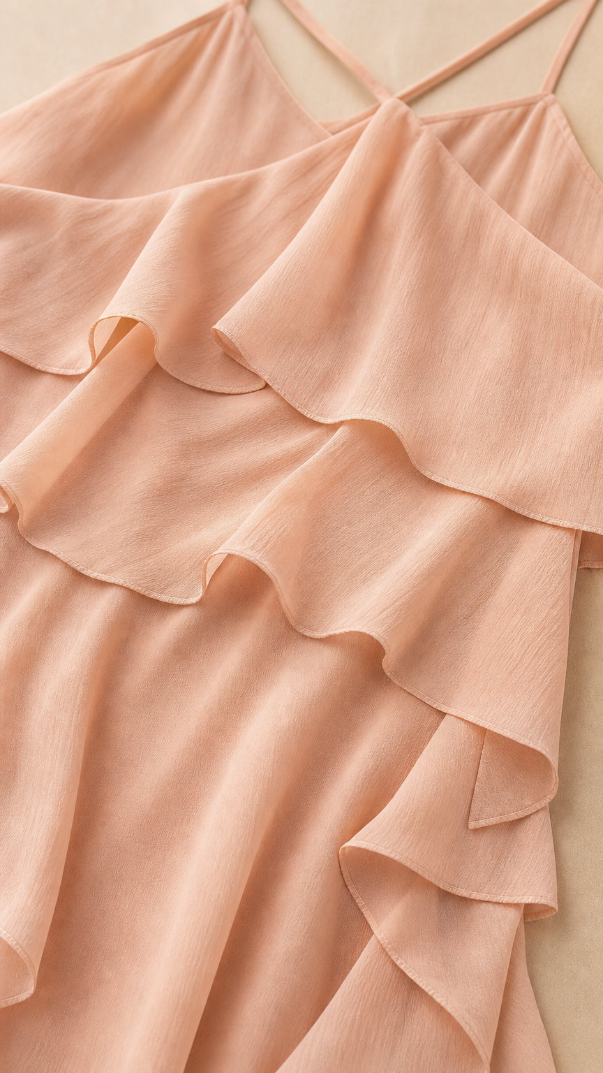 Close-up of fabric texture and cascading ruffles on peach dress