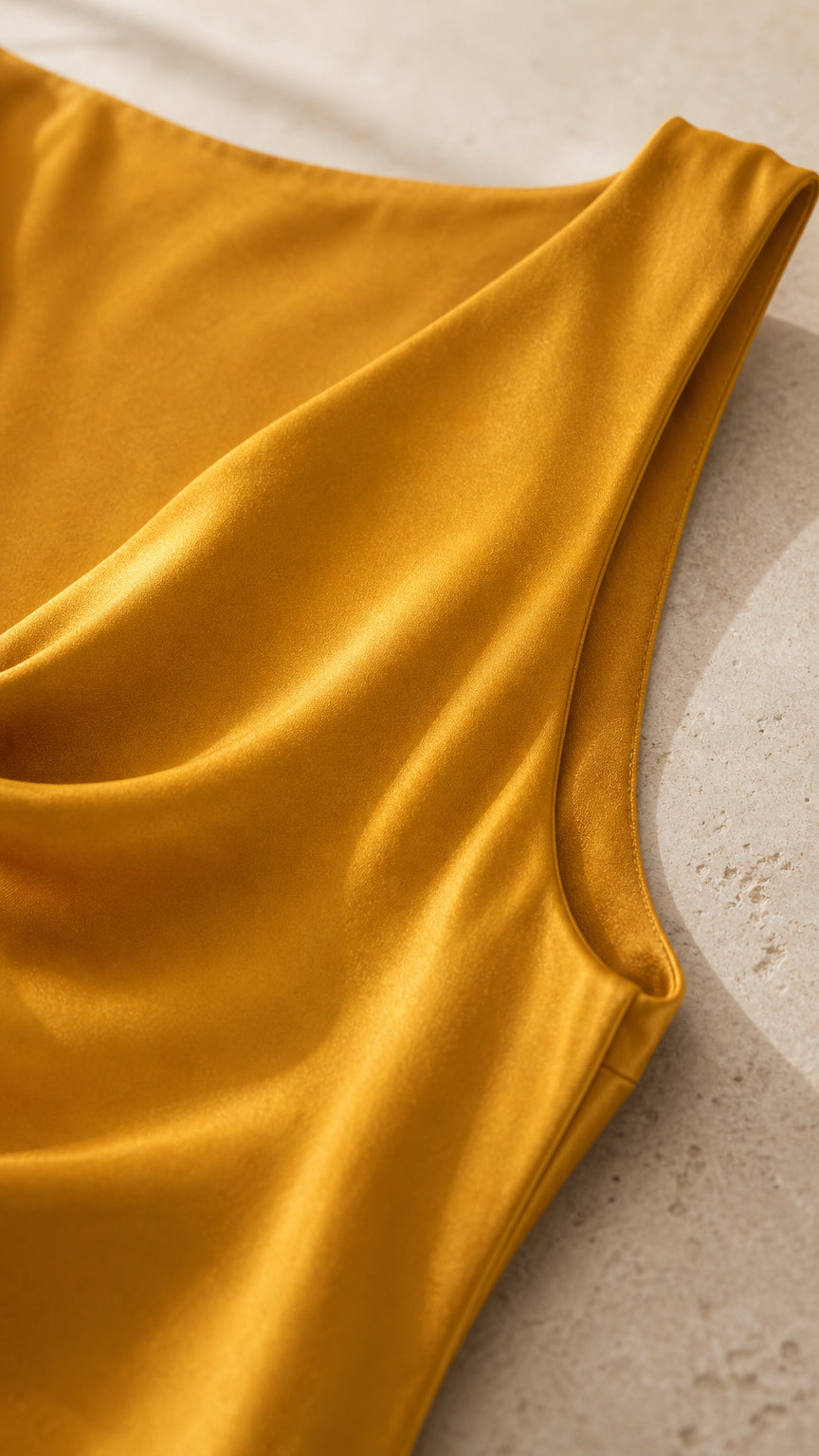 Close-up of smooth gold satin fabric and neckline detail