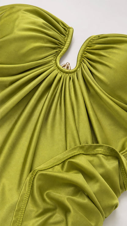Closeup of ring accent and ruched fabric detail