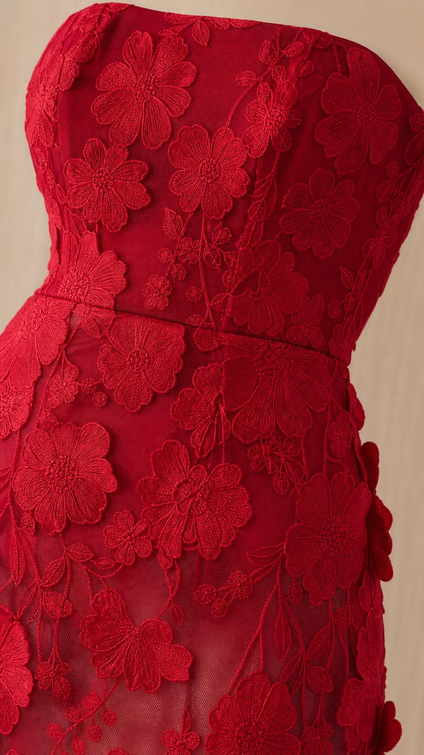 Close-up detail of bodice and floral appliques on red dress