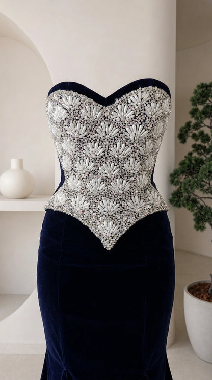 Close-up of beaded crystal sweetheart corset bodice