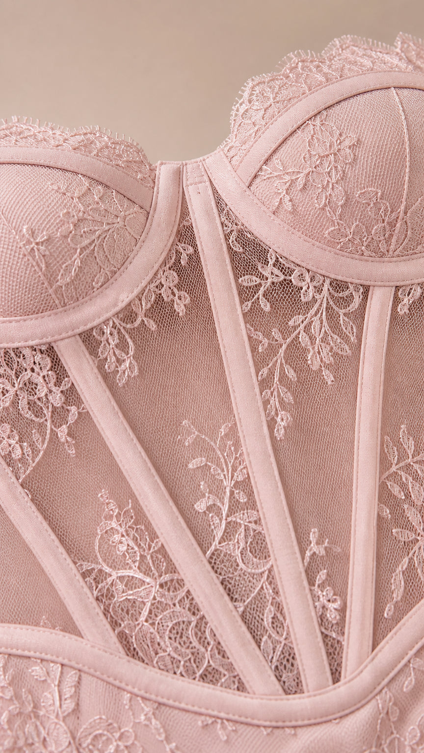 Close-up of the structured lace corset bodice