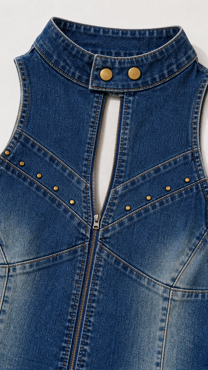 Close-up of denim romper neckline, zipper, and studs