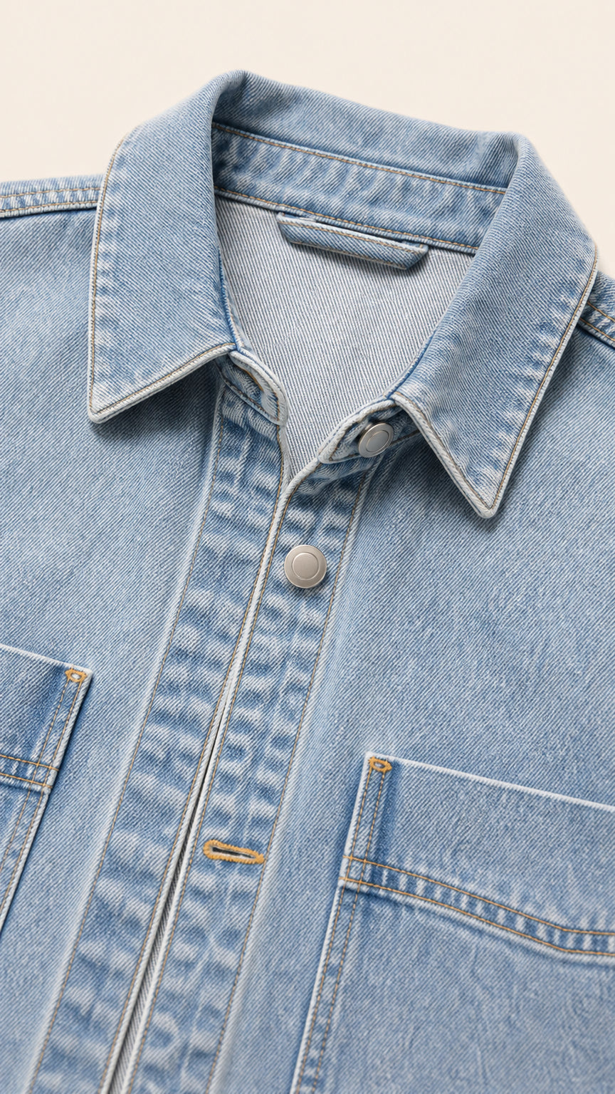 Close-up detail of collar and buttons on light blue denim shacket